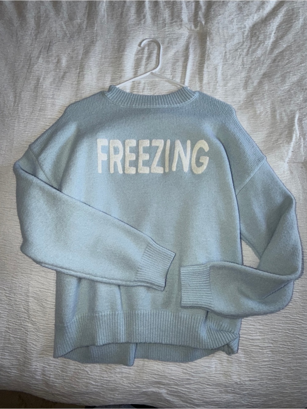 Pink Lily Light Blue "FREEZING" Crewneck Sweater
